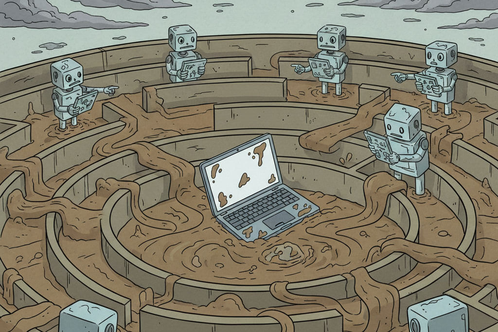 A laptop sinks in a muddy maze while AI bots all point in different directions