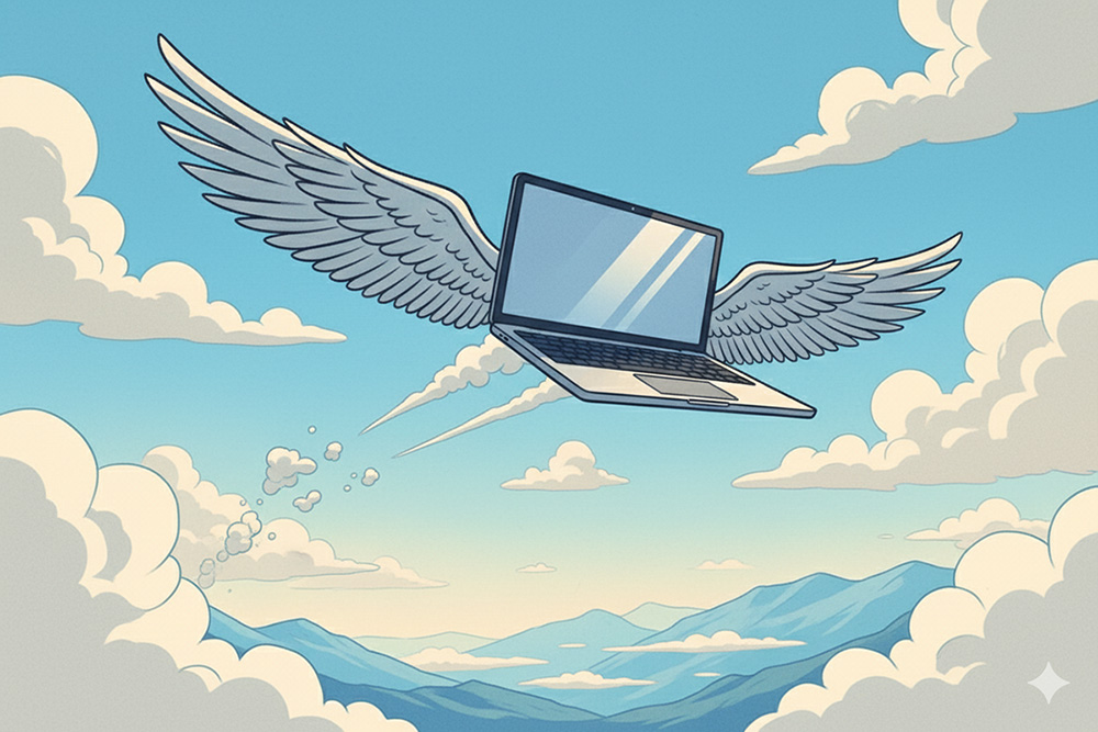 A laptop with wings soars through the clouds